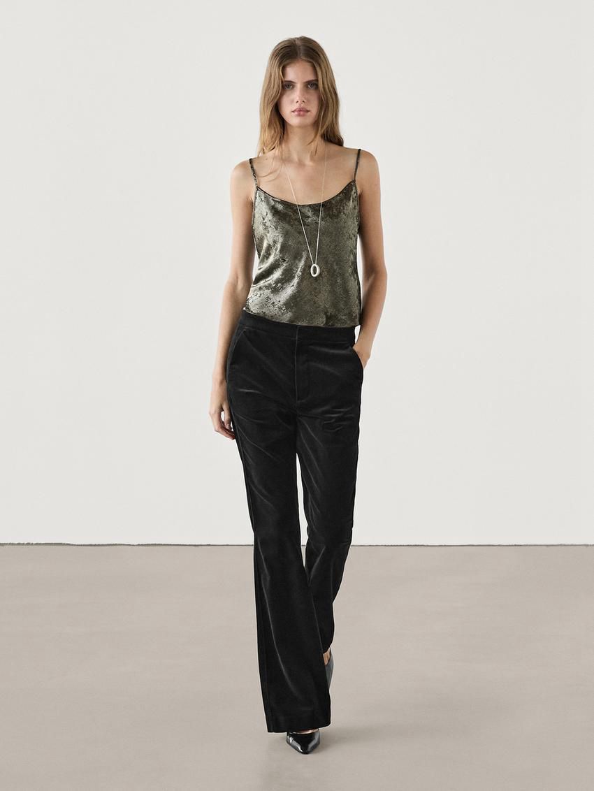 Massimo Dutti Satin Finish Strappy Women Top Dark Green | US-SF3647152