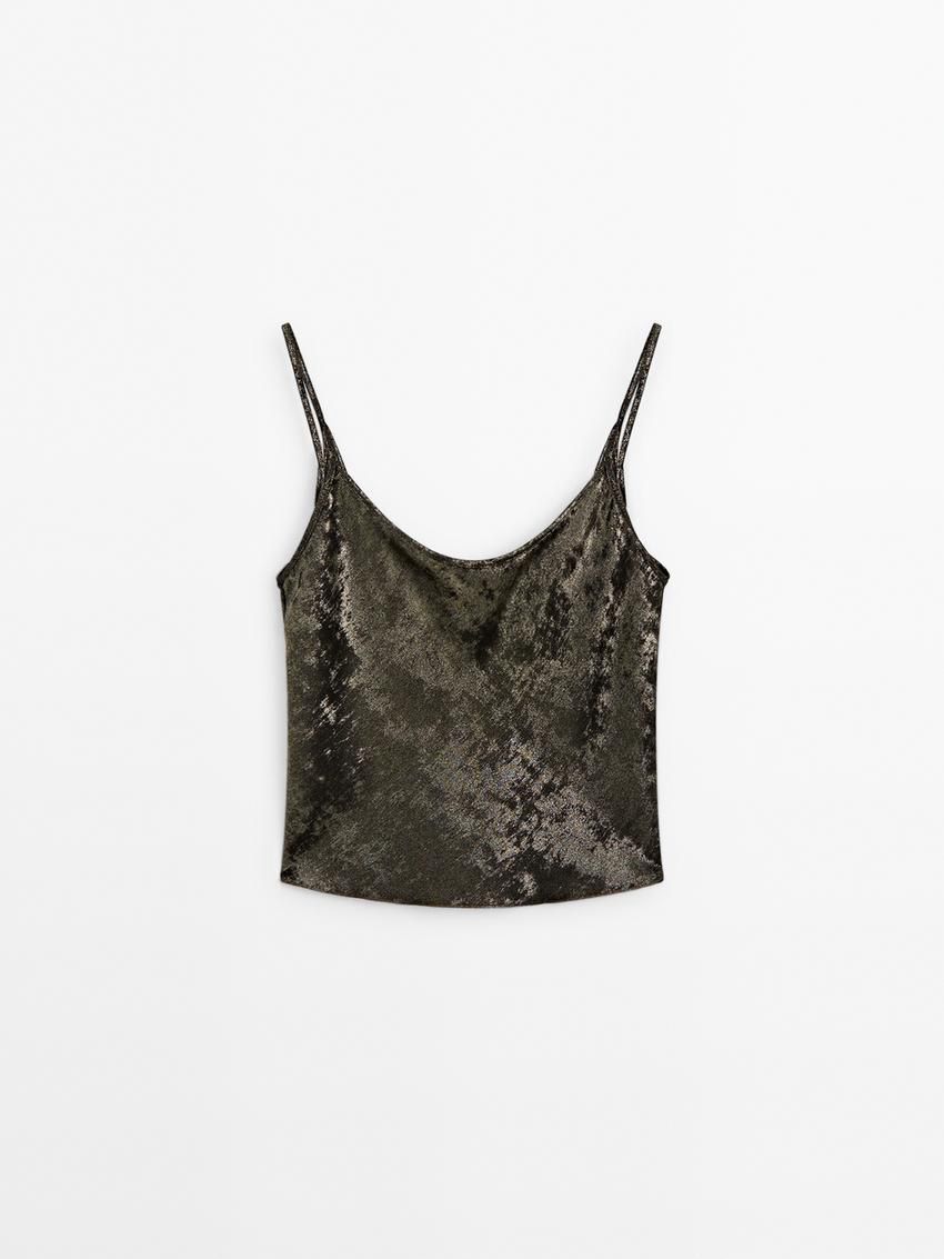 Massimo Dutti Satin Finish Strappy Women Top Dark Green | US-SF3647152