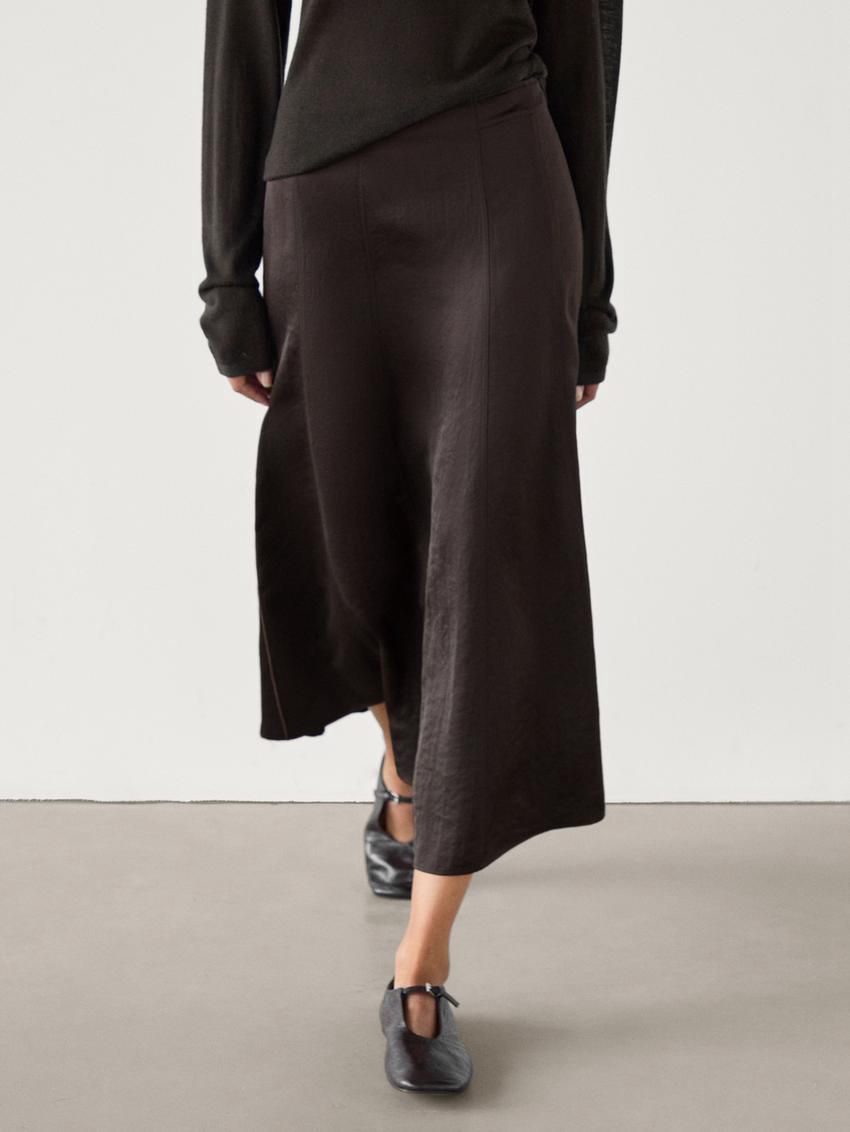 Massimo Dutti Satin Flared Midi With Seams Women Skirts Chocolate | US-GB7089546