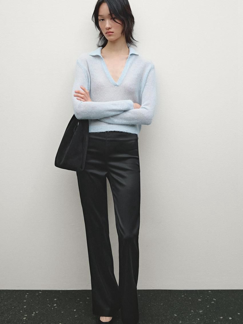 Massimo Dutti Satin Flared With Vents Women Trousers Black | US-ZP6389107