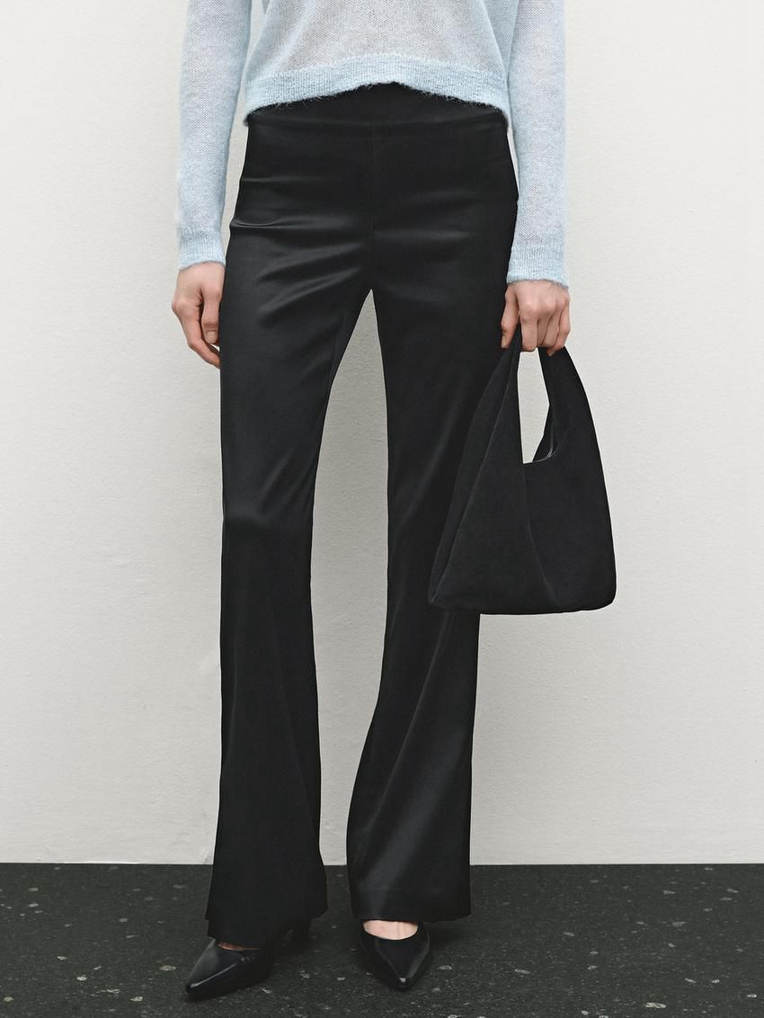 Massimo Dutti Satin Flared With Vents Women Trousers Black | US-ZP6389107