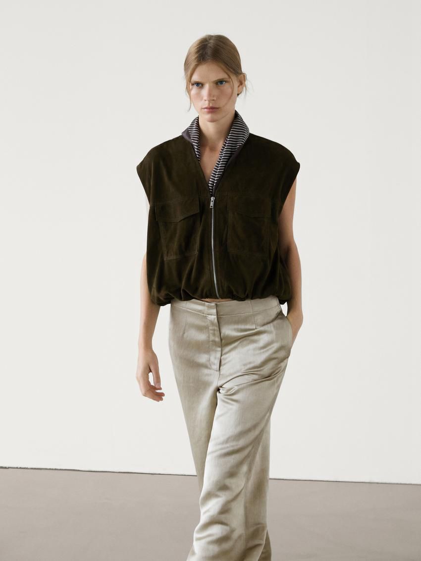 Massimo Dutti Satin Linen Blend Women Trousers Light Green | US-GN0327849