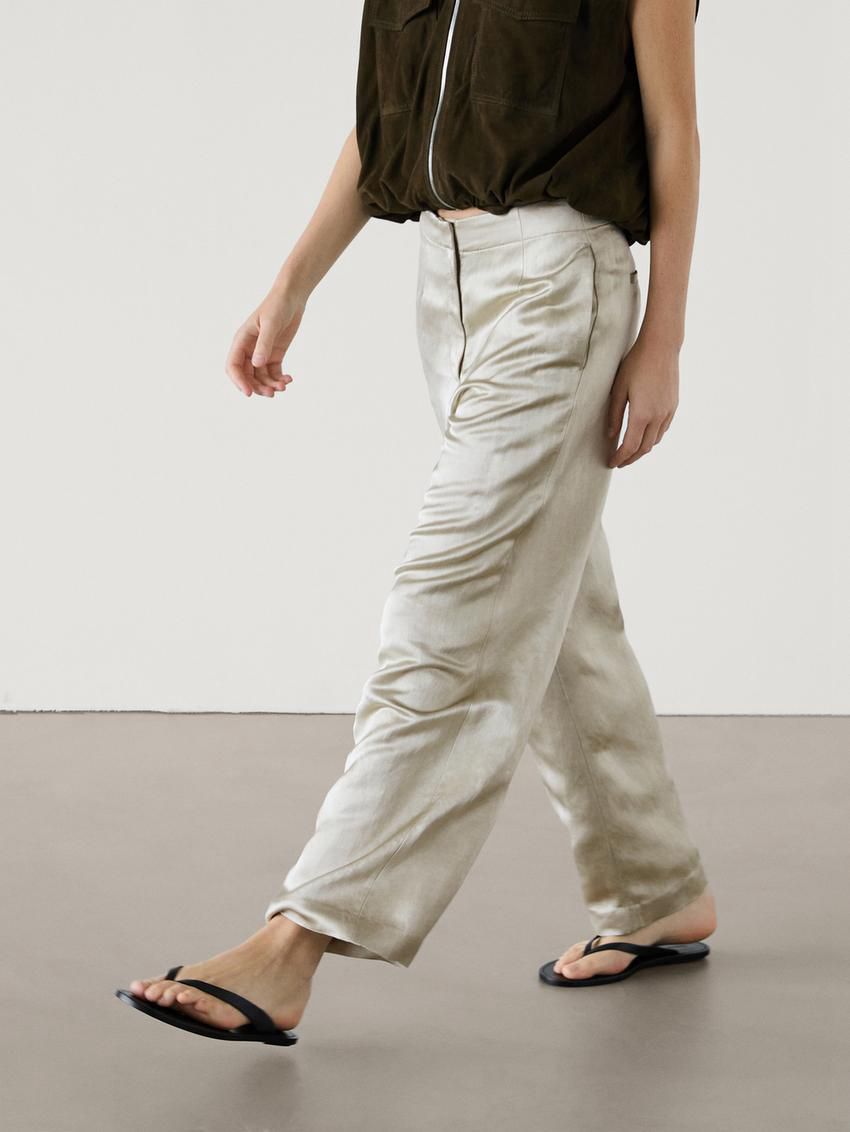 Massimo Dutti Satin Linen Blend Women Trousers Light Green | US-GN0327849