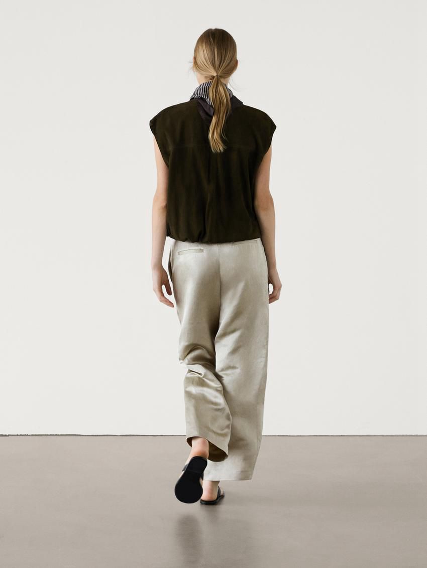 Massimo Dutti Satin Linen Blend Women Trousers Light Green | US-GN0327849