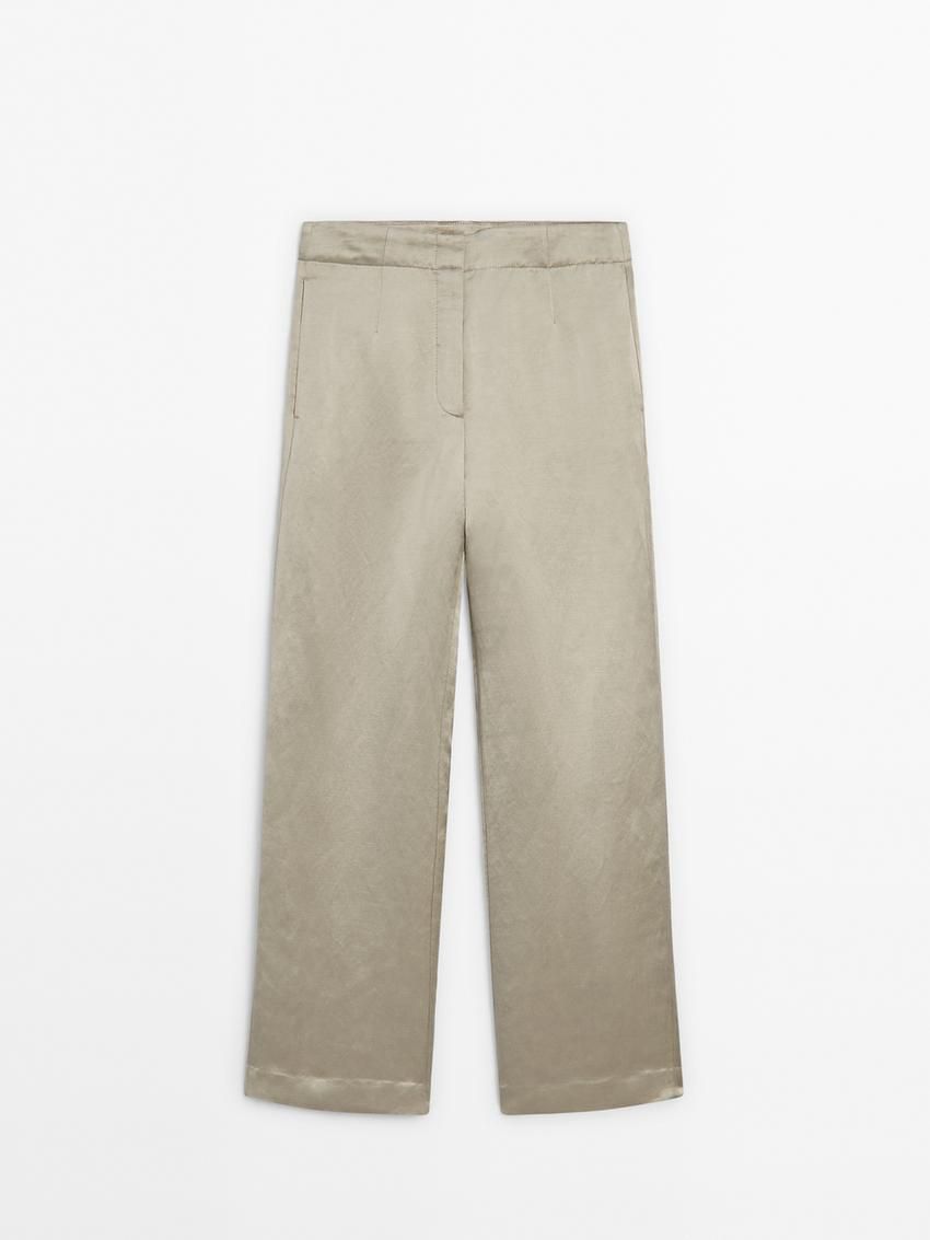 Massimo Dutti Satin Linen Blend Women Trousers Light Green | US-GN0327849