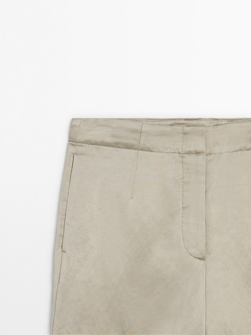 Massimo Dutti Satin Linen Blend Women Trousers Light Green | US-GN0327849