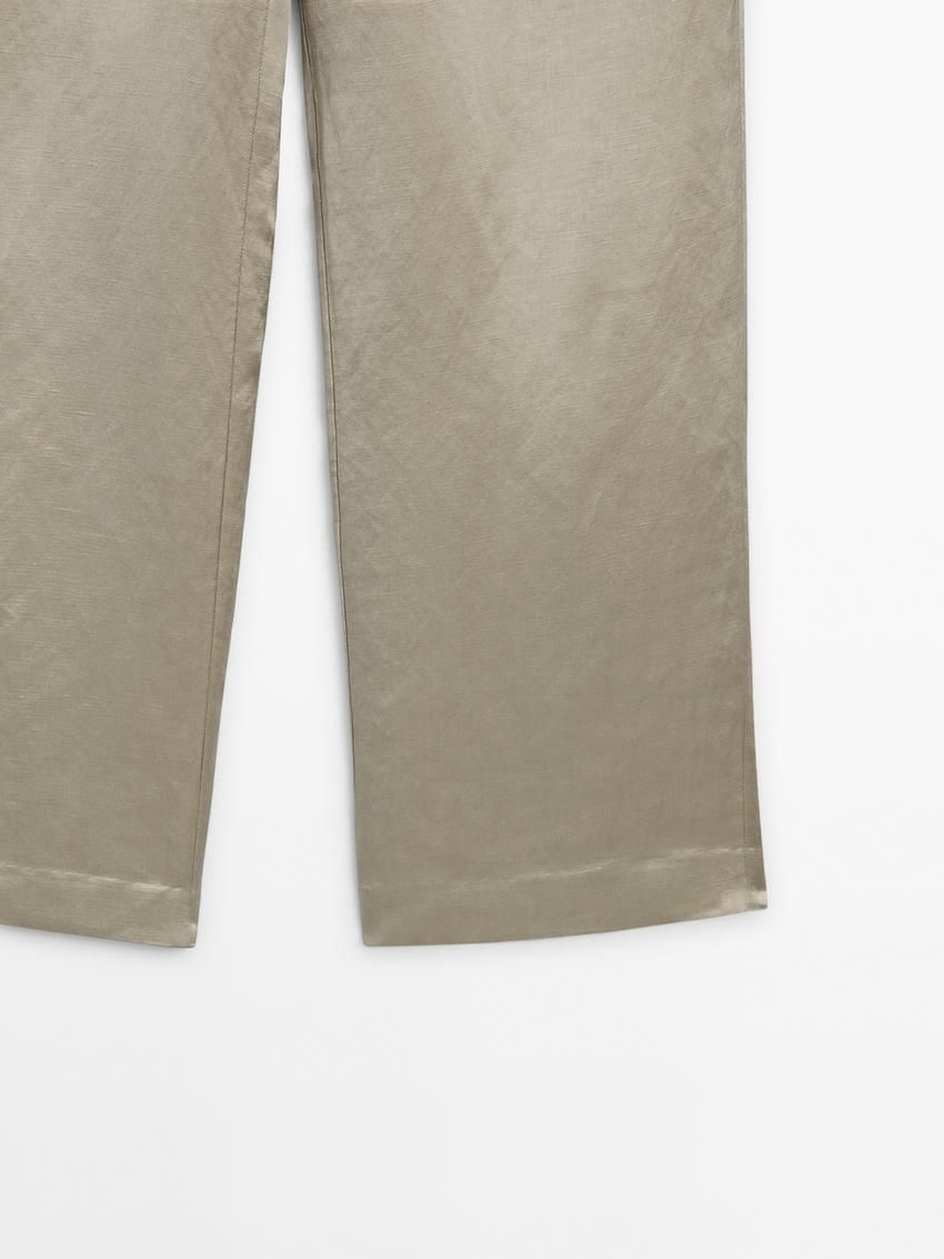 Massimo Dutti Satin Linen Blend Women Trousers Light Green | US-GN0327849