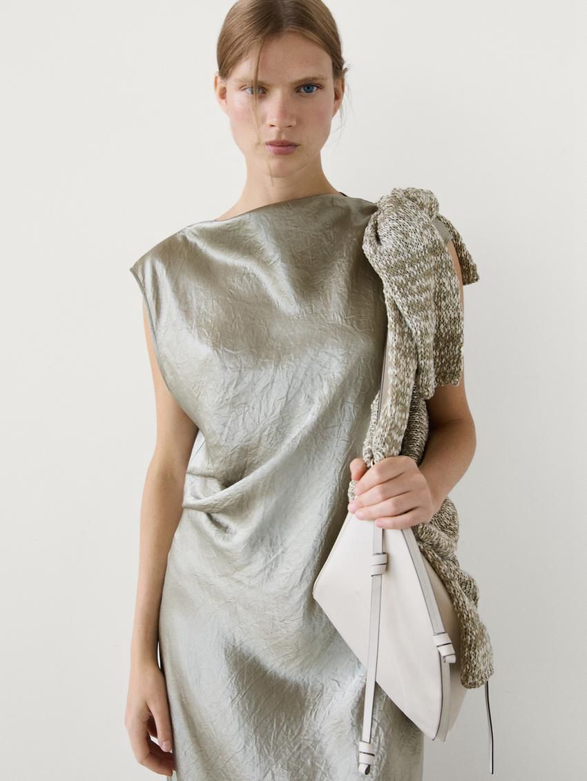 Massimo Dutti Satin Midi With Cowl Neckline Women Dress Metallic | US-ZK7398546