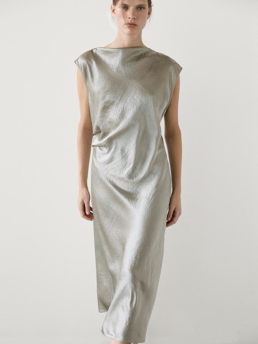 Massimo Dutti Satin Midi With Cowl Neckline Women Dress Metallic | US-ZK7398546