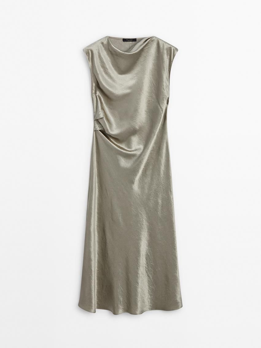 Massimo Dutti Satin Midi With Cowl Neckline Women Dress Metallic | US-ZK7398546