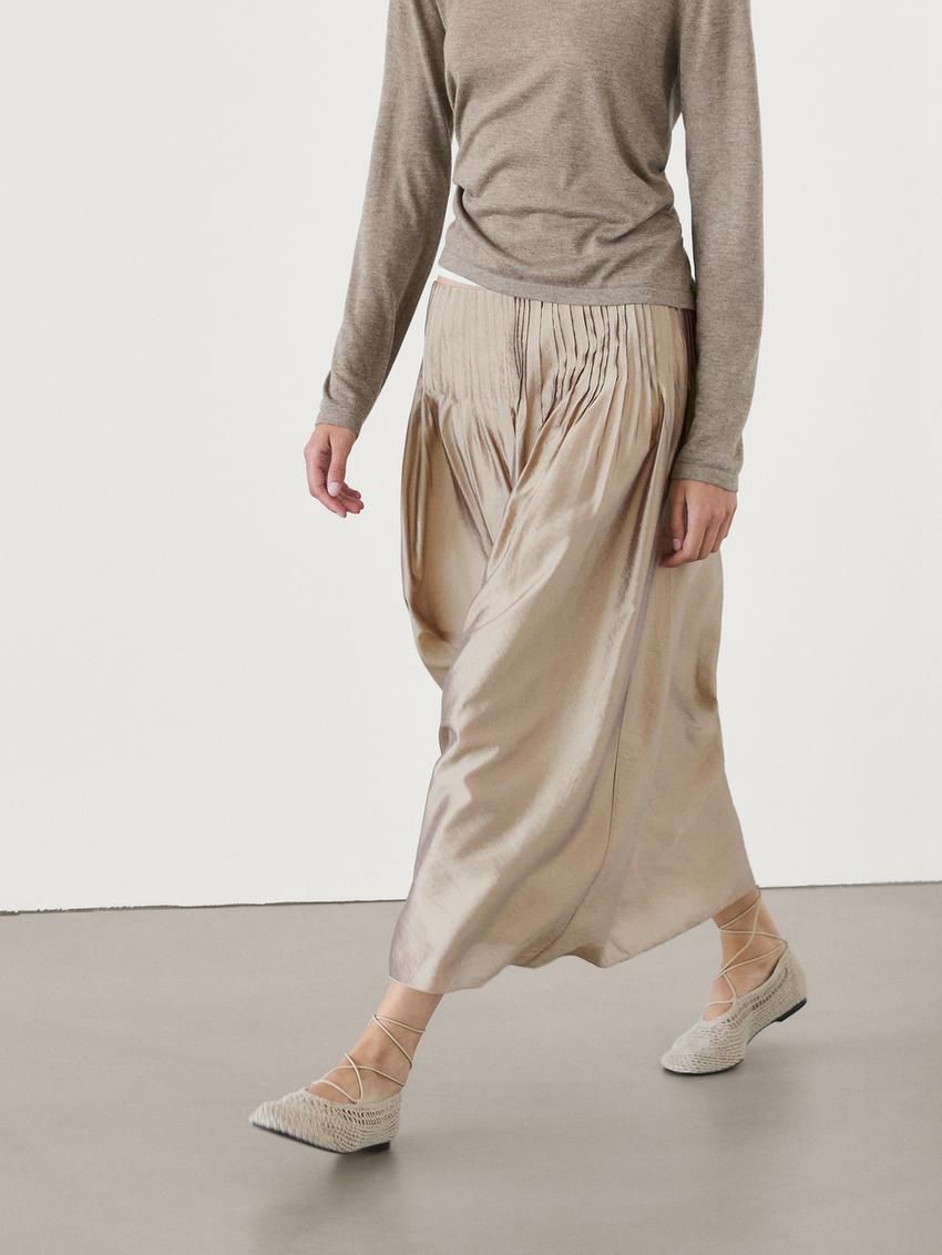 Massimo Dutti Satin Midi With Pleated Detail Women Skirts Beige | US-DB8103964