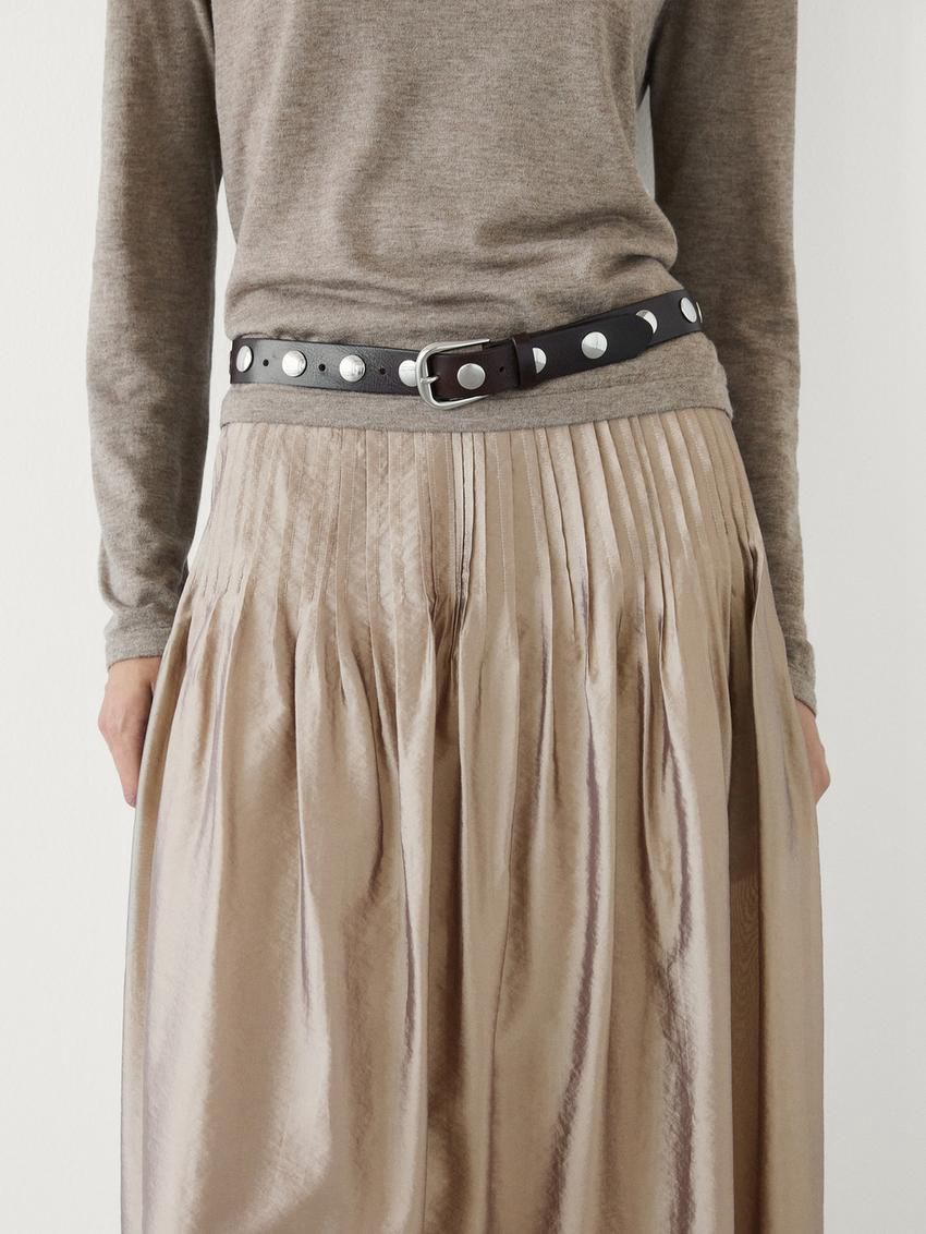 Massimo Dutti Satin Midi With Pleated Detail Women Skirts Beige | US-DB8103964