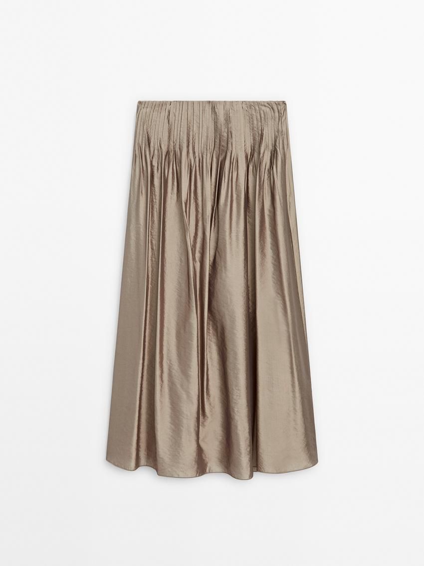 Massimo Dutti Satin Midi With Pleated Detail Women Skirts Beige | US-DB8103964