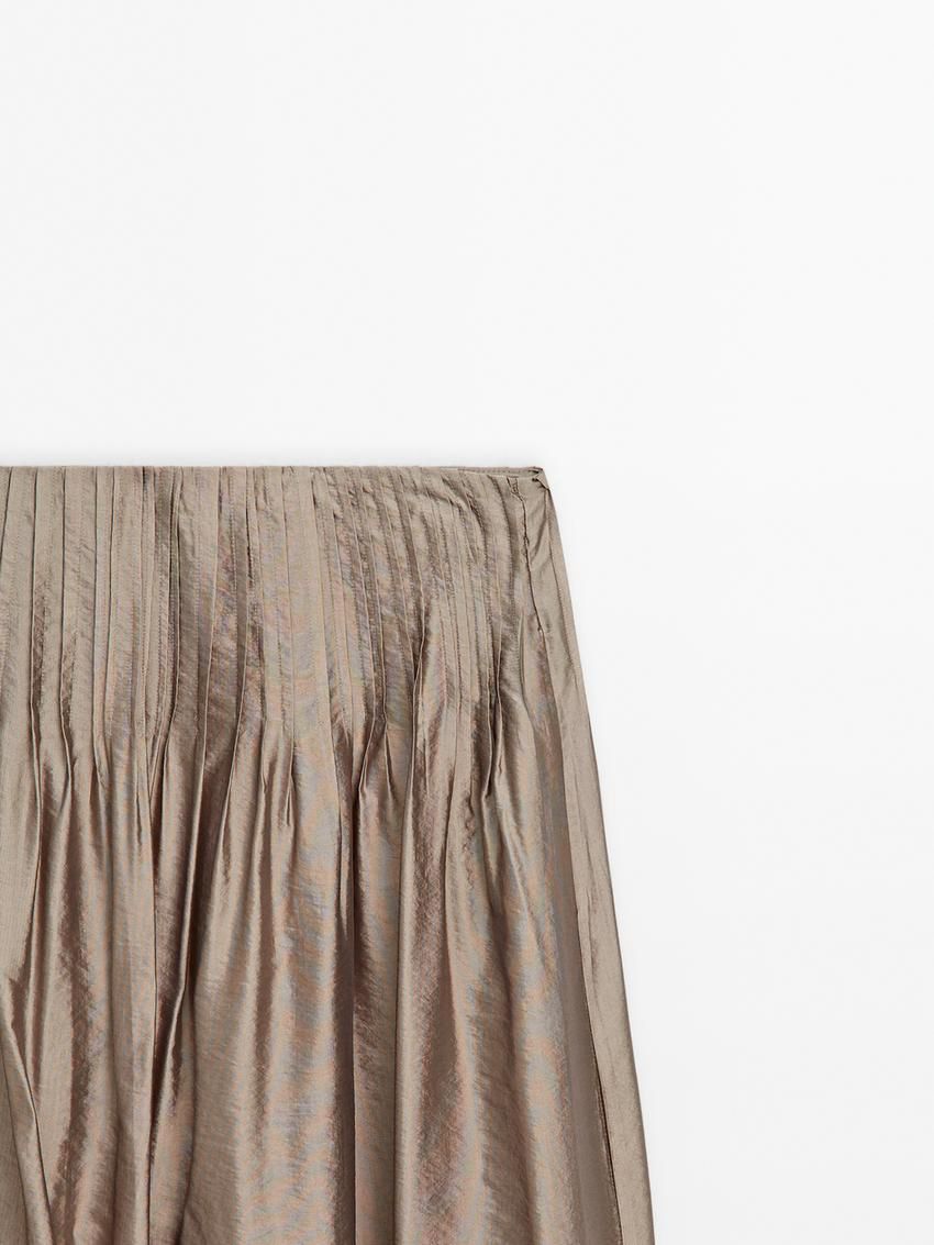 Massimo Dutti Satin Midi With Pleated Detail Women Skirts Beige | US-DB8103964