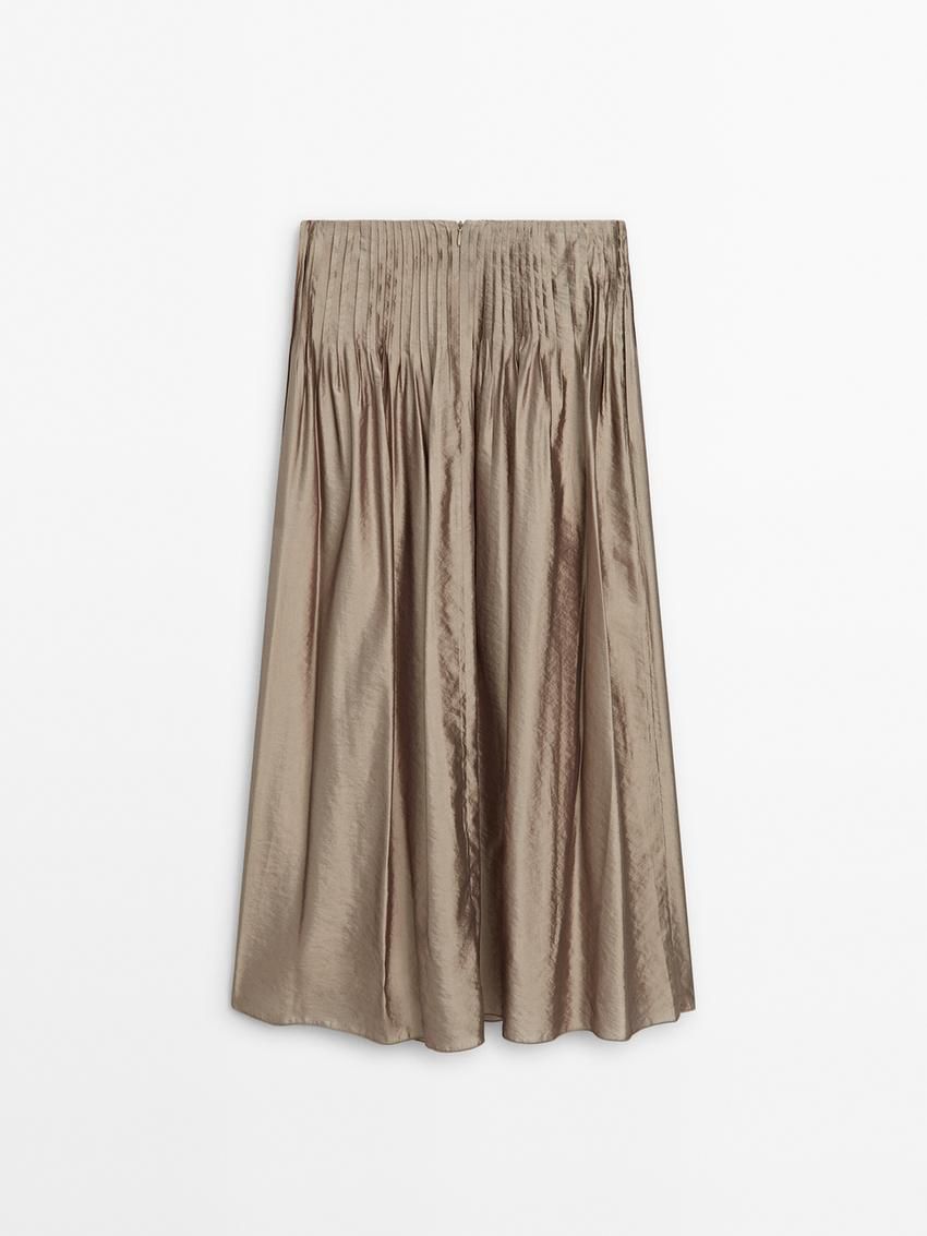 Massimo Dutti Satin Midi With Pleated Detail Women Skirts Beige | US-DB8103964