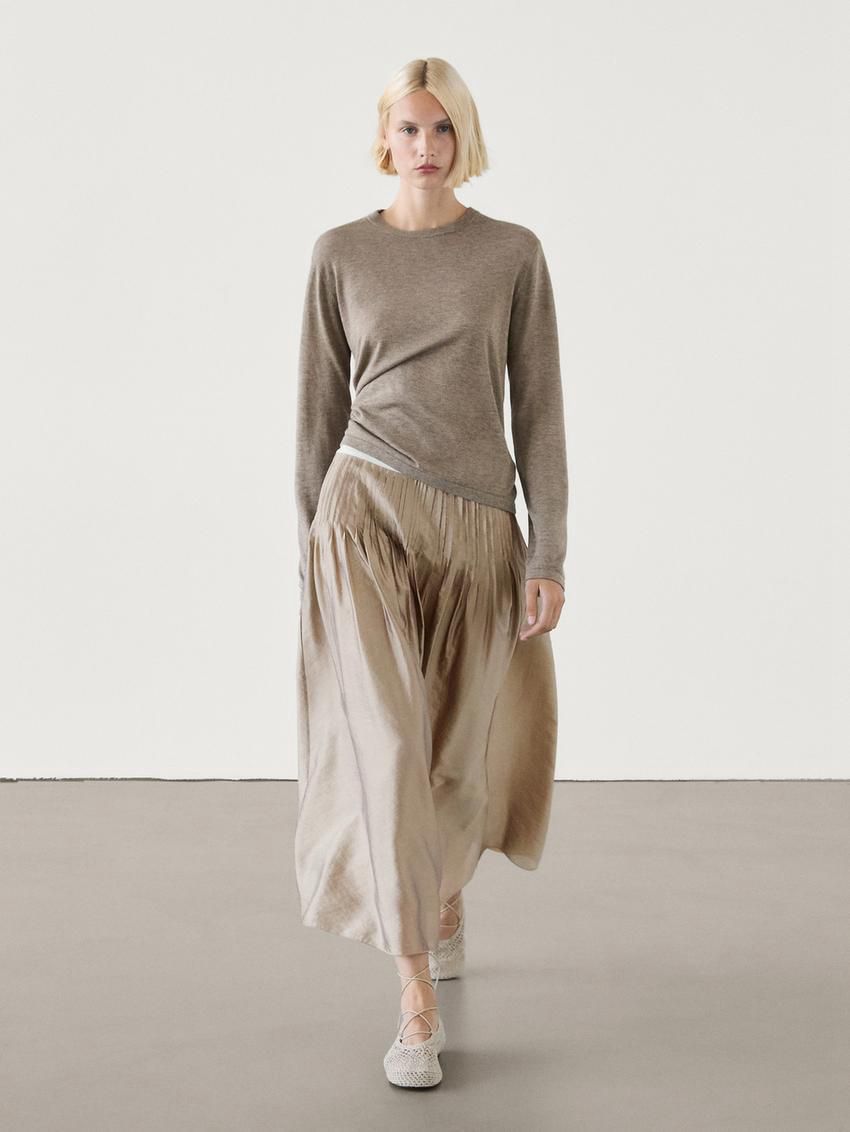 Massimo Dutti Satin Midi With Pleated Detail Women Skirts Beige | US-DB8103964