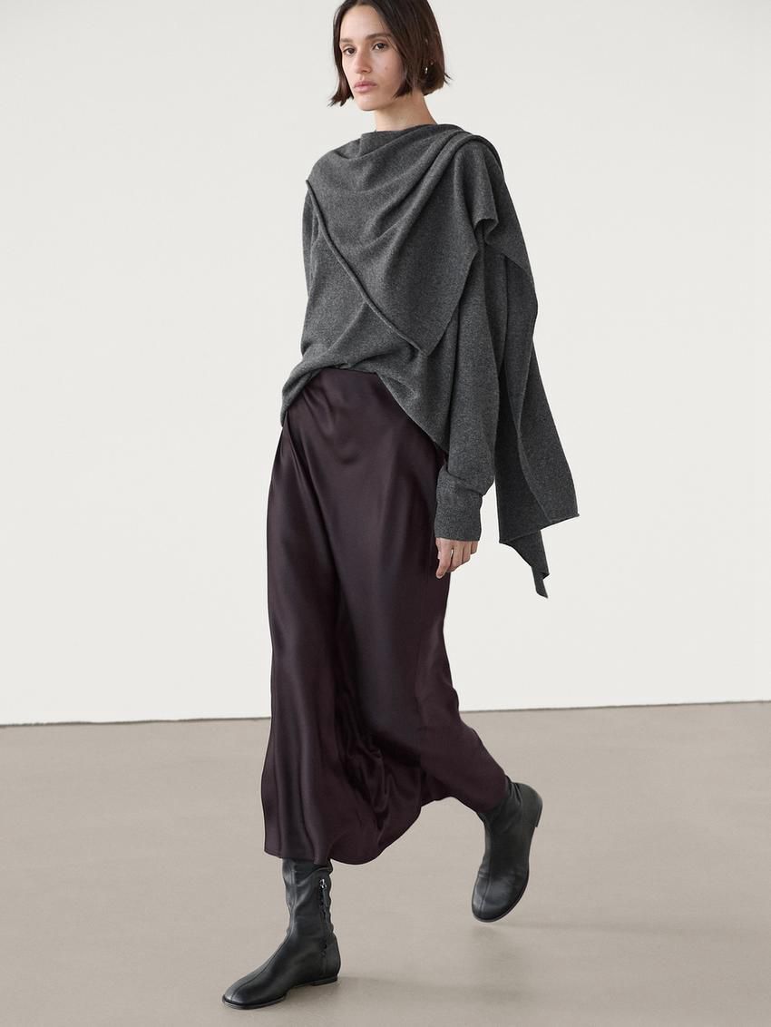 Massimo Dutti Satin Midi Women Skirts Dark Purple | US-AV7342596