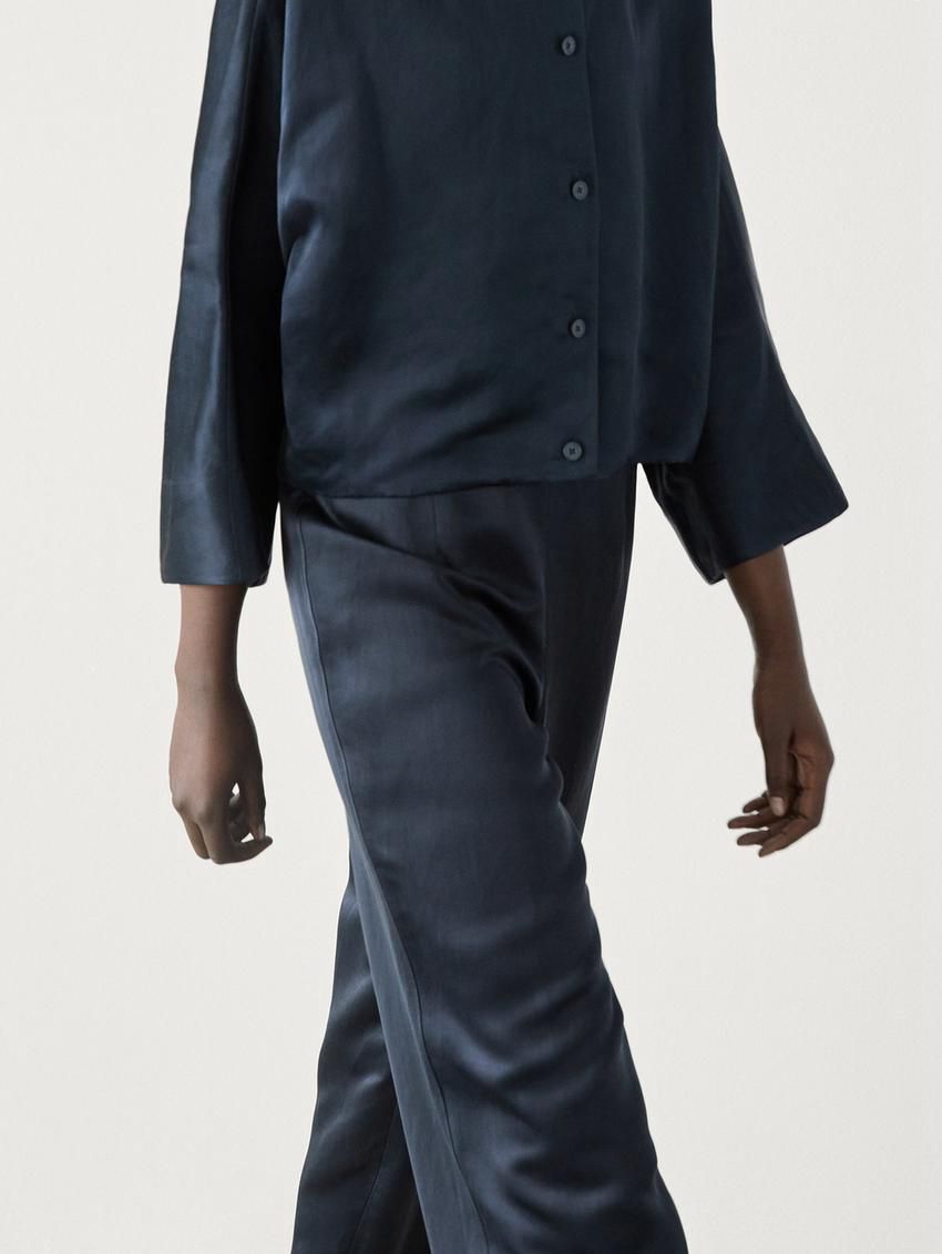 Massimo Dutti Satin Wide-leg Cropped Co-ord Women Trousers Navy | US-QA3190546