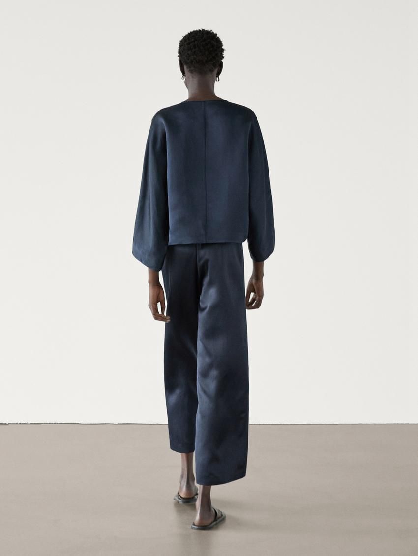Massimo Dutti Satin Wide-leg Cropped Co-ord Women Trousers Navy | US-QA3190546