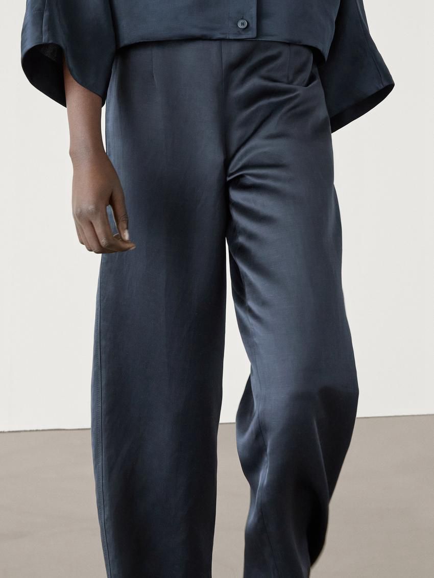 Massimo Dutti Satin Wide-leg Cropped Co-ord Women Trousers Navy | US-QA3190546