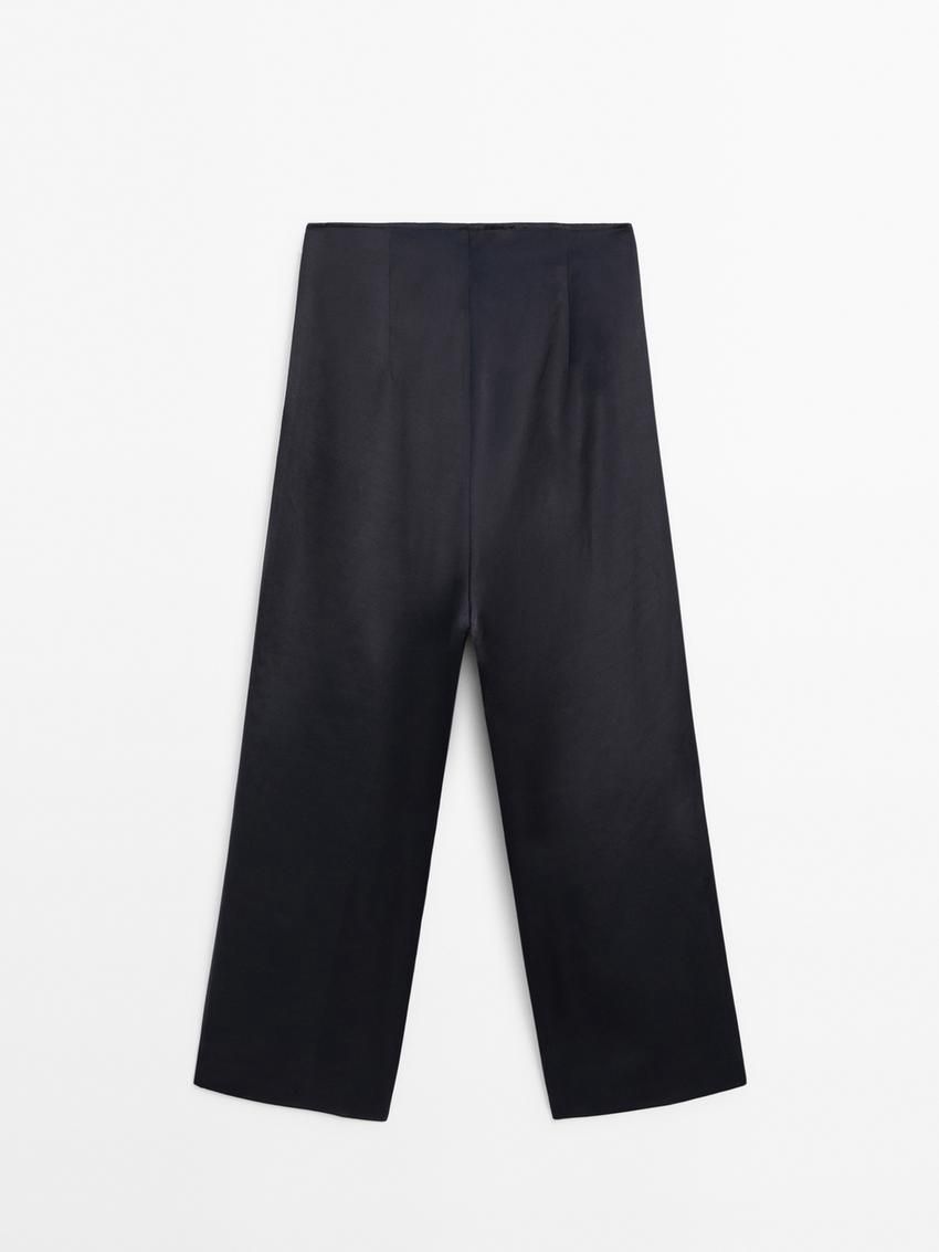 Massimo Dutti Satin Wide-leg Cropped Co-ord Women Trousers Navy | US-QA3190546