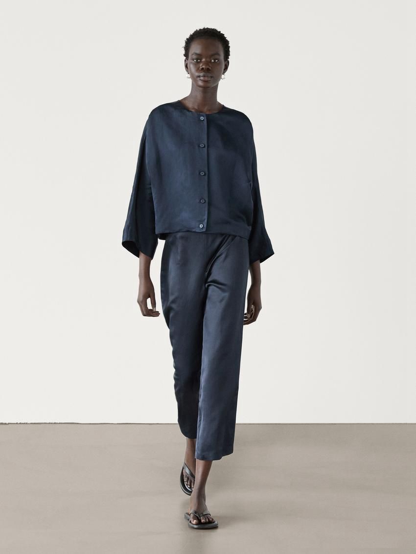 Massimo Dutti Satin Wide-leg Cropped Co-ord Women Trousers Navy | US-QA3190546