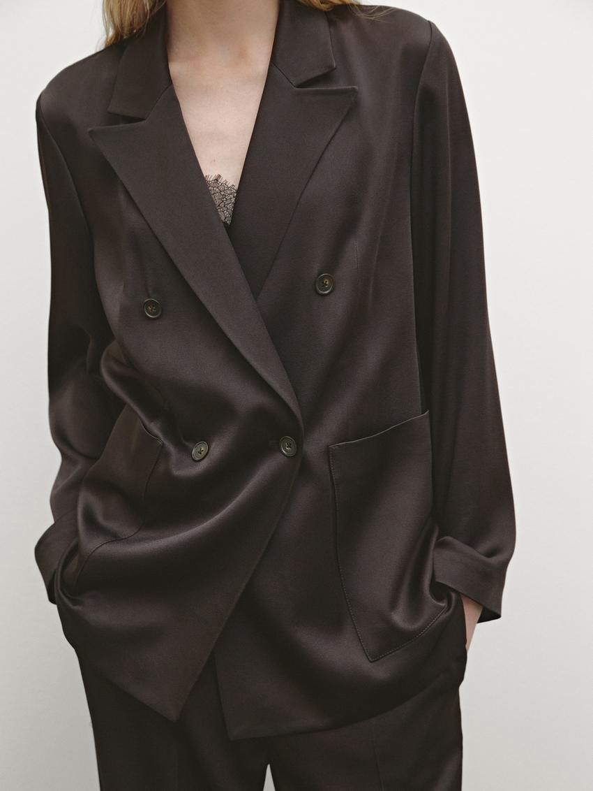Massimo Dutti Satin Women Blazer Dark Brown | US-YK5736298