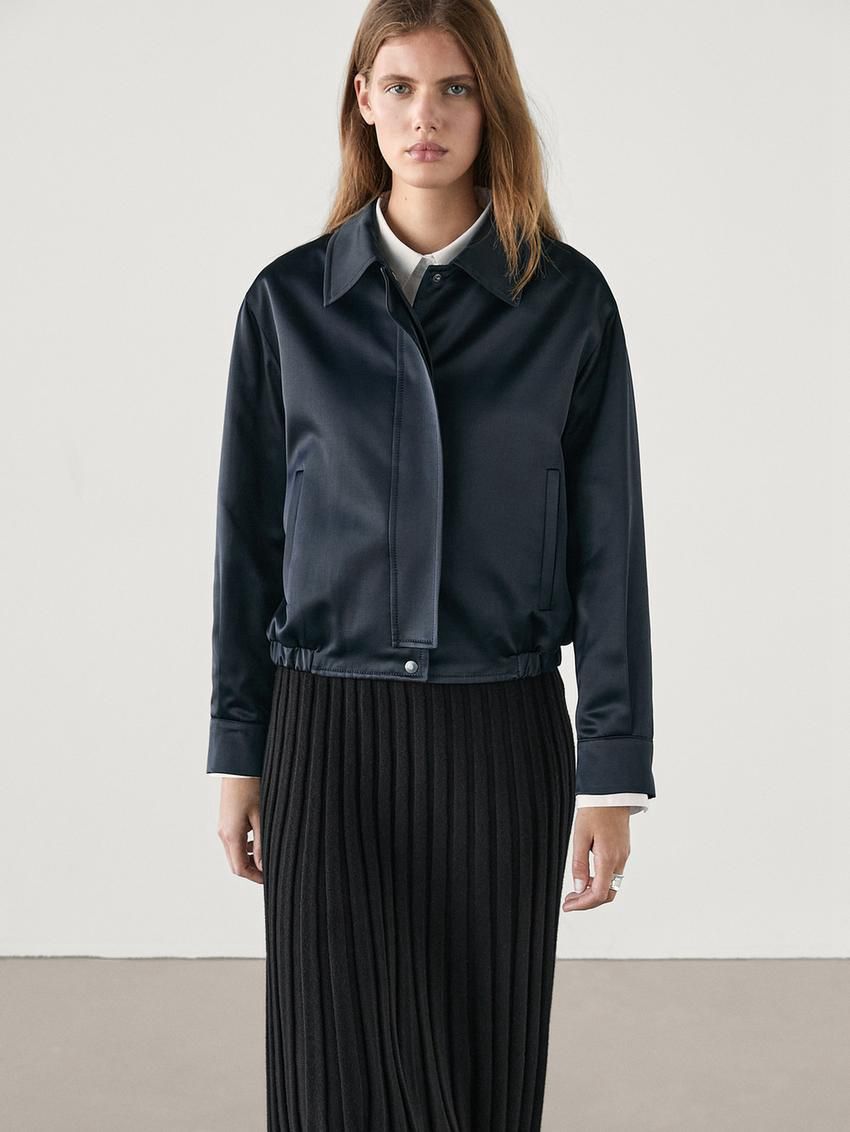 Massimo Dutti Satin Women Bomber Jacket Navy | US-JB1968437