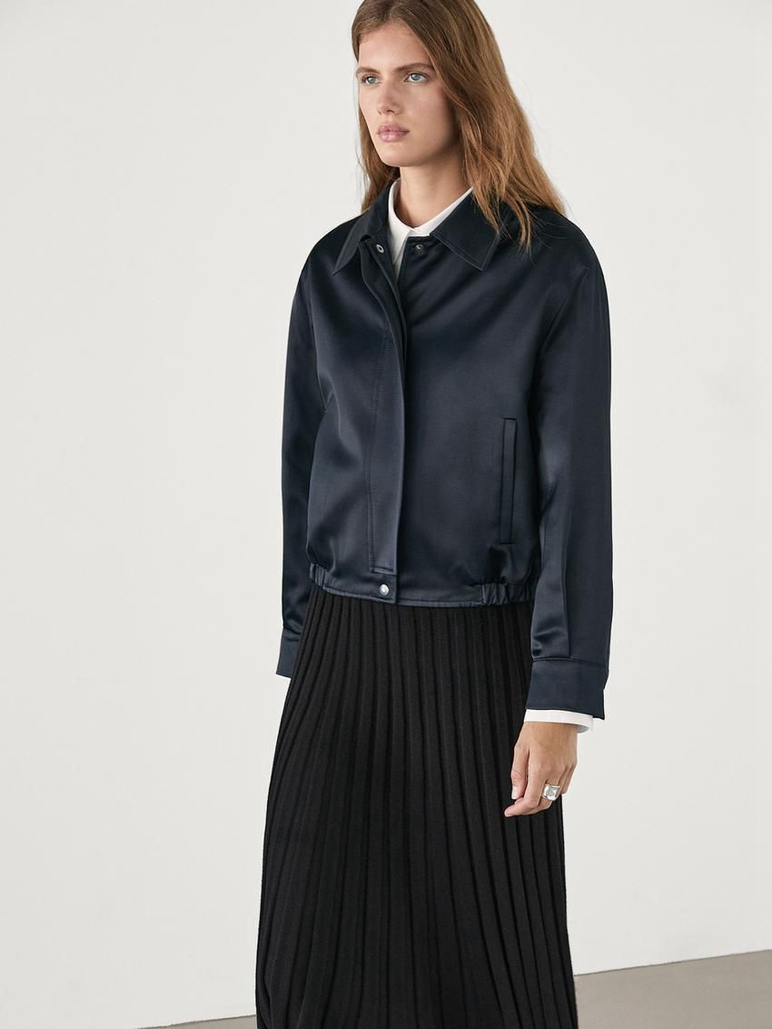Massimo Dutti Satin Women Bomber Jacket Navy | US-JB1968437