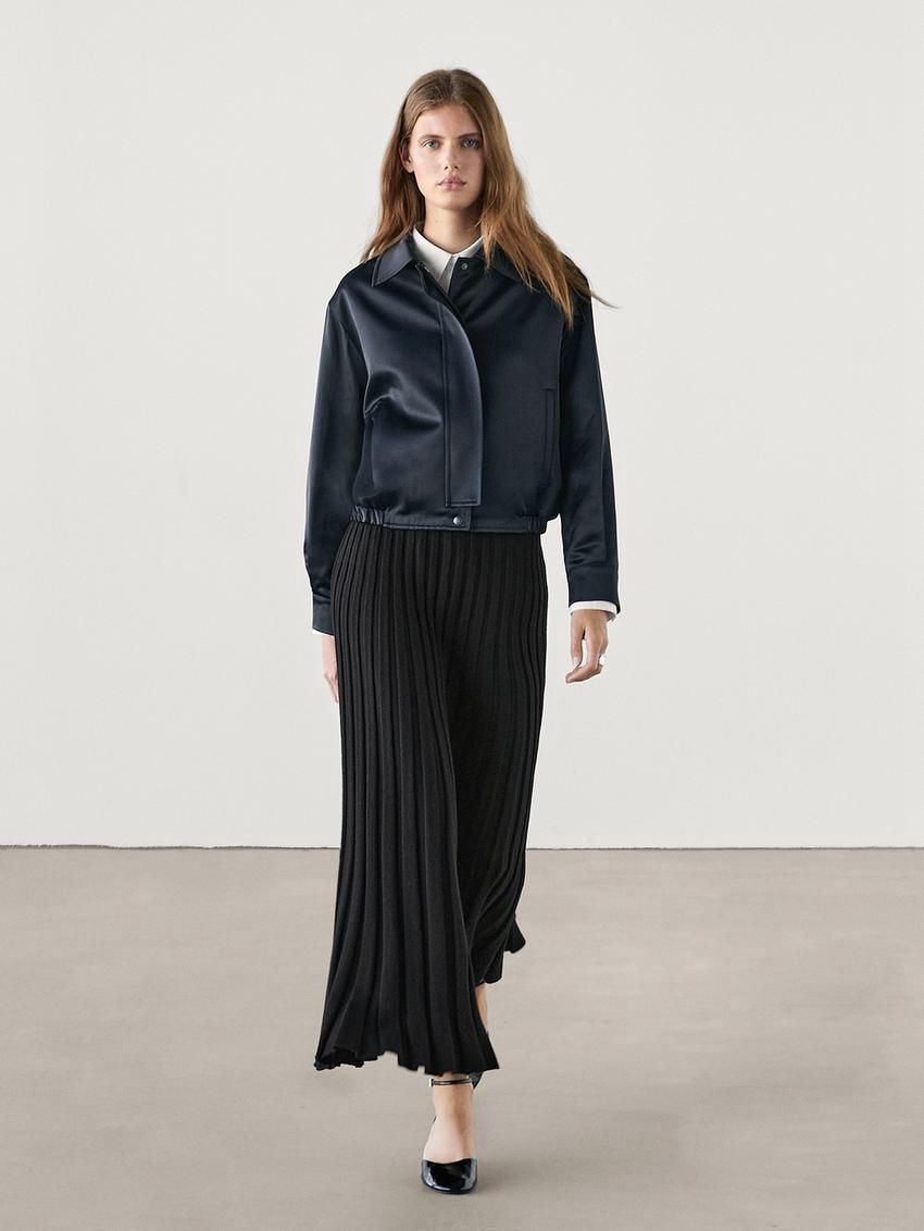 Massimo Dutti Satin Women Bomber Jacket Navy | US-JB1968437