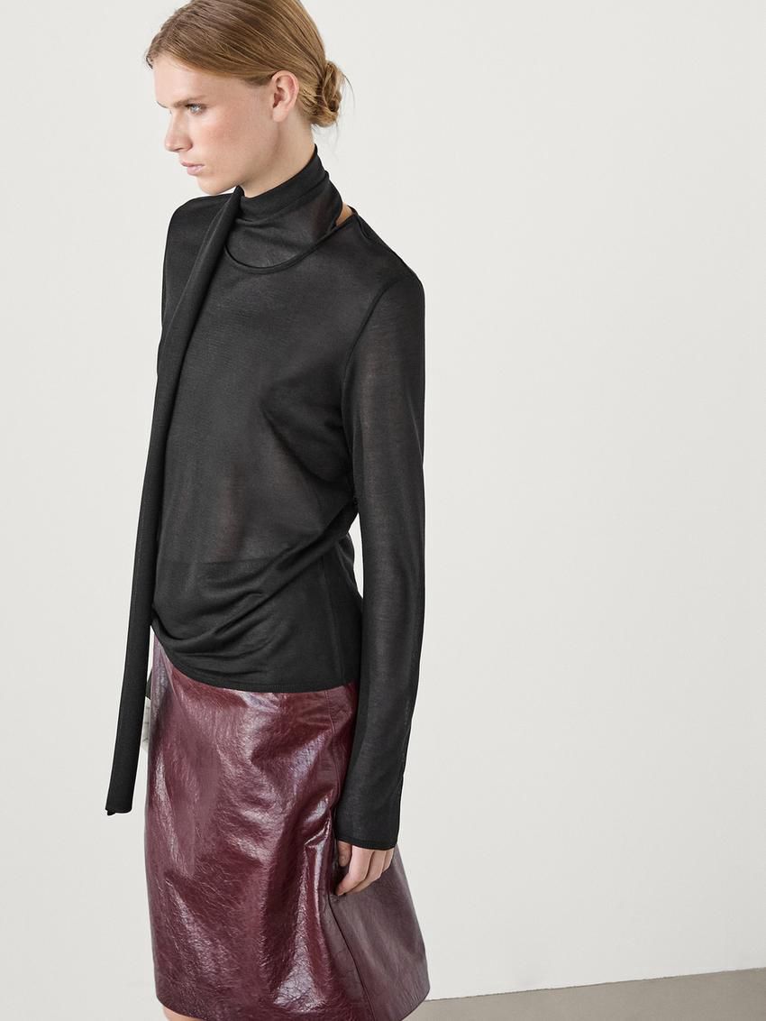 Massimo Dutti Scarf Neck Detail Women T-Shirt Black | US-EM6173805