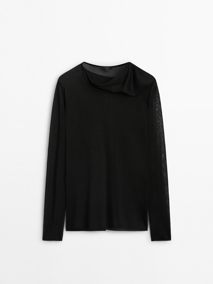 Massimo Dutti Scarf Neck Detail Women T-Shirt Black | US-EM6173805