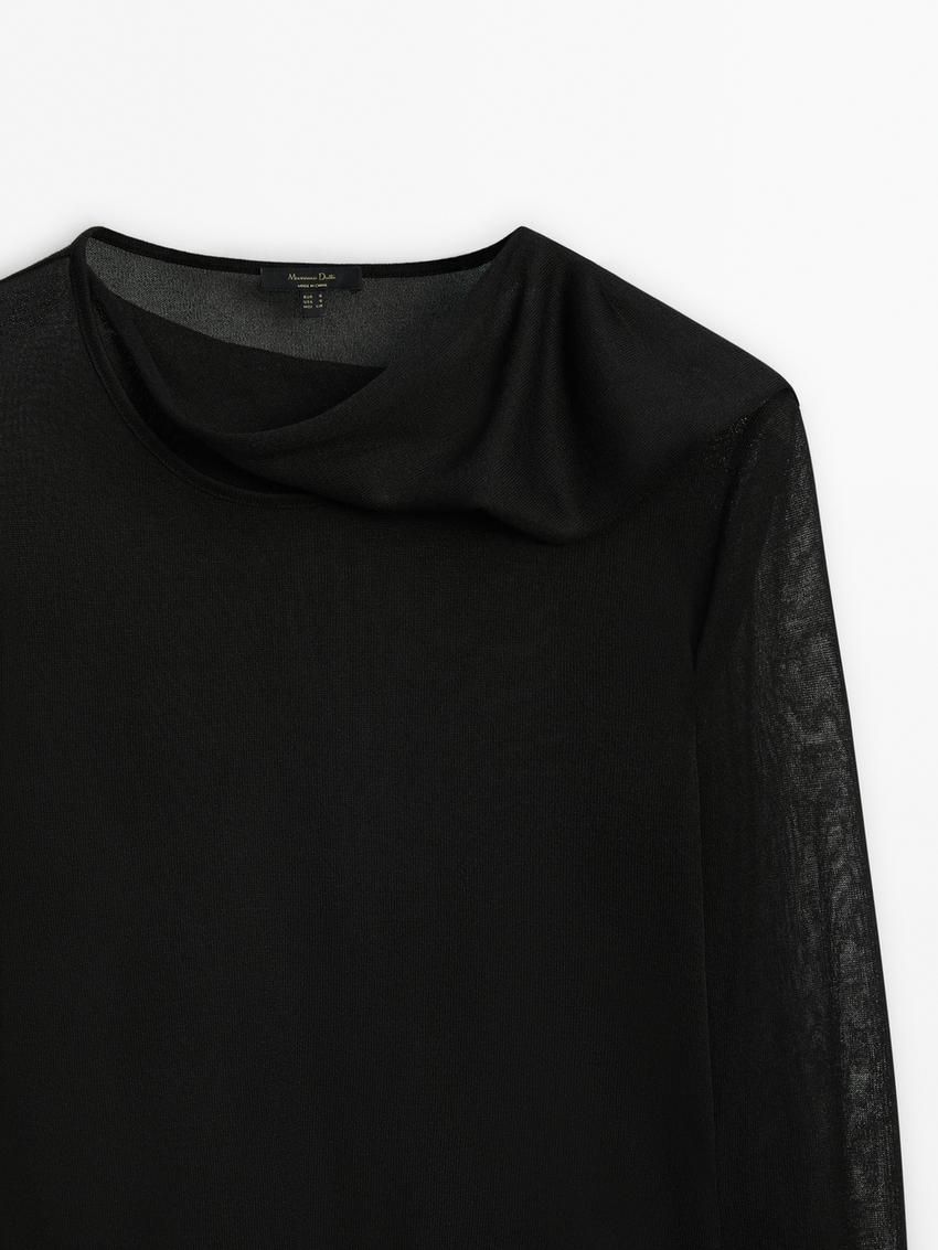 Massimo Dutti Scarf Neck Detail Women T-Shirt Black | US-EM6173805