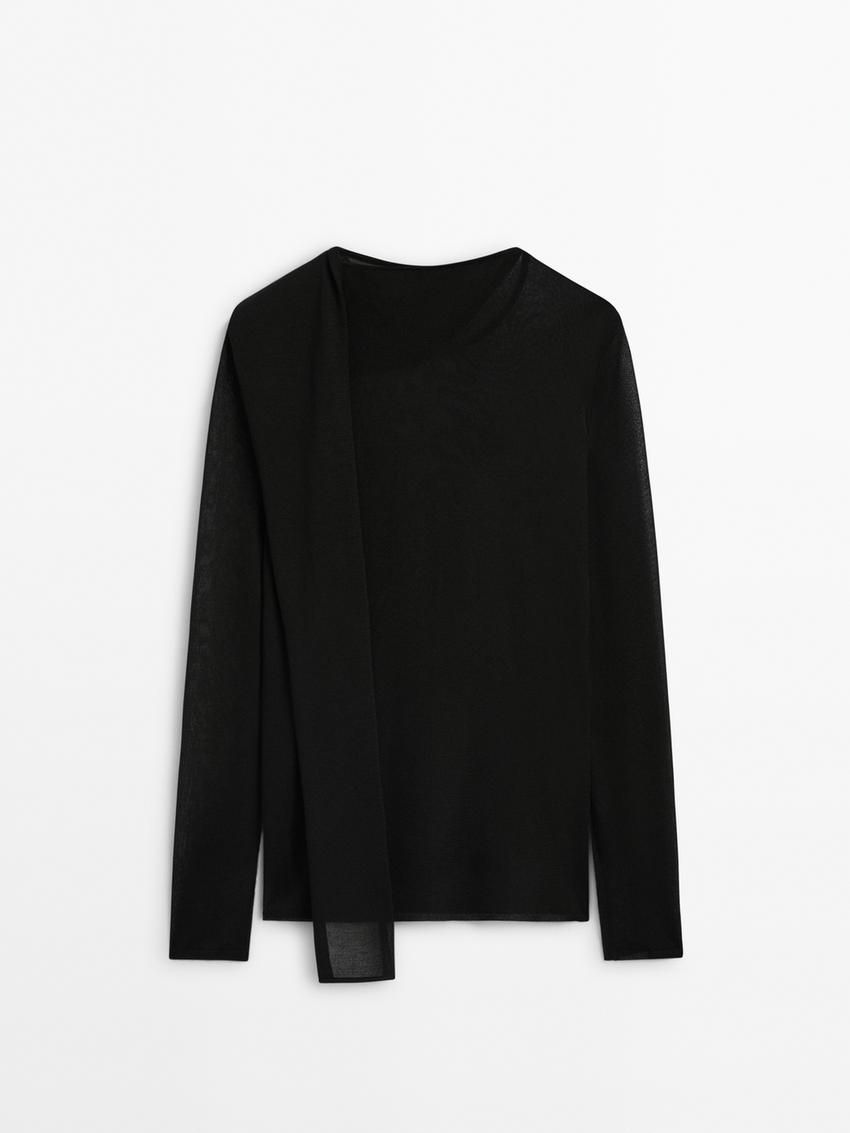 Massimo Dutti Scarf Neck Detail Women T-Shirt Black | US-EM6173805