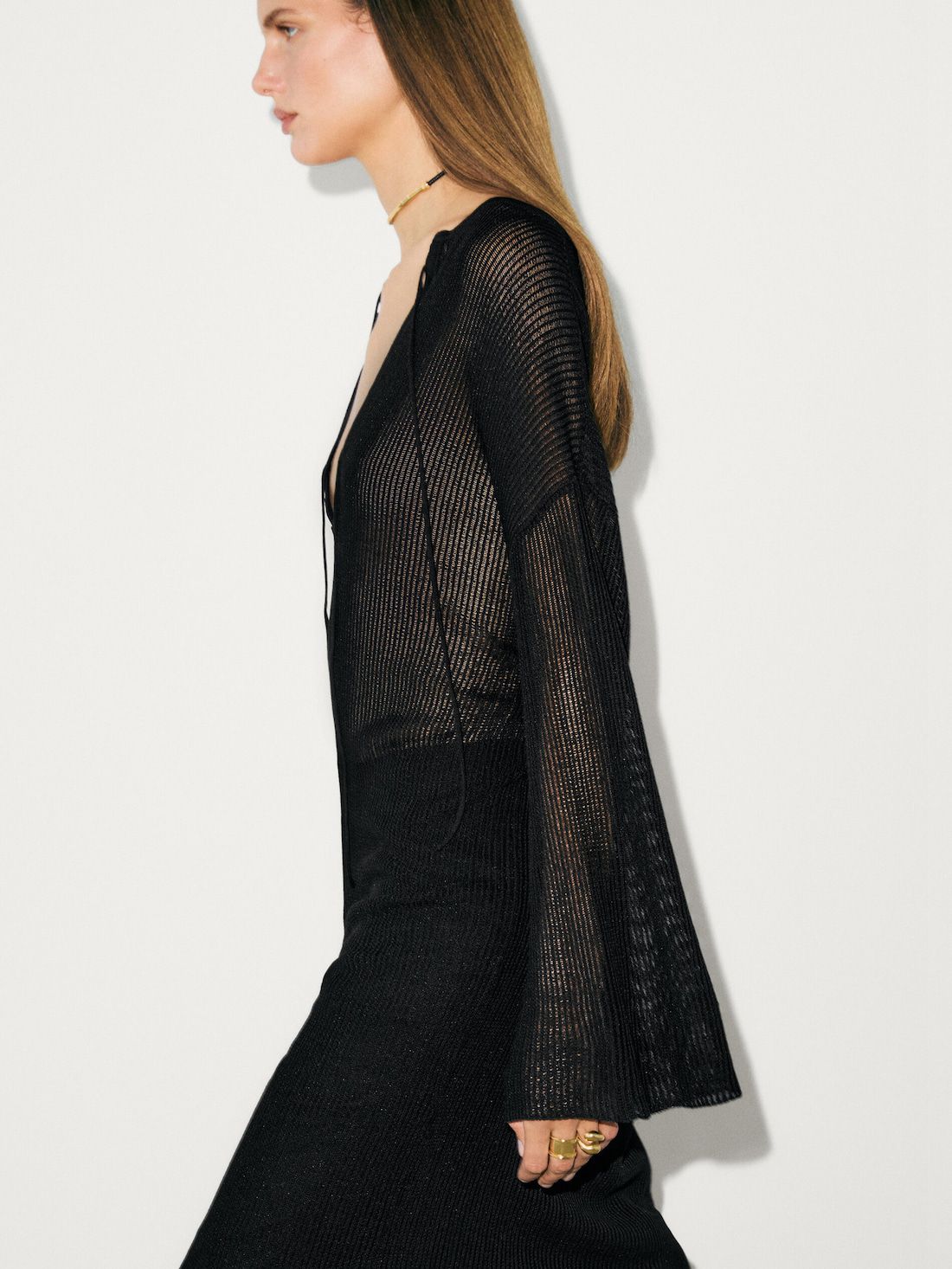 Massimo Dutti Semi-sheer Ribbed Knit Midi Women Dress Black | US-VW8917632