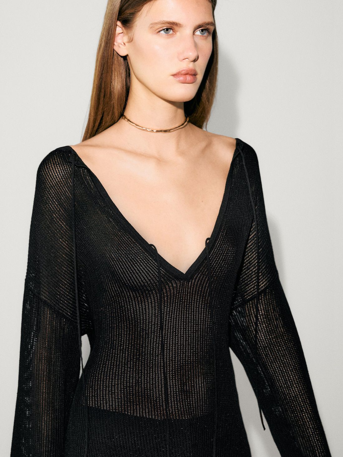 Massimo Dutti Semi-sheer Ribbed Knit Midi Women Dress Black | US-VW8917632