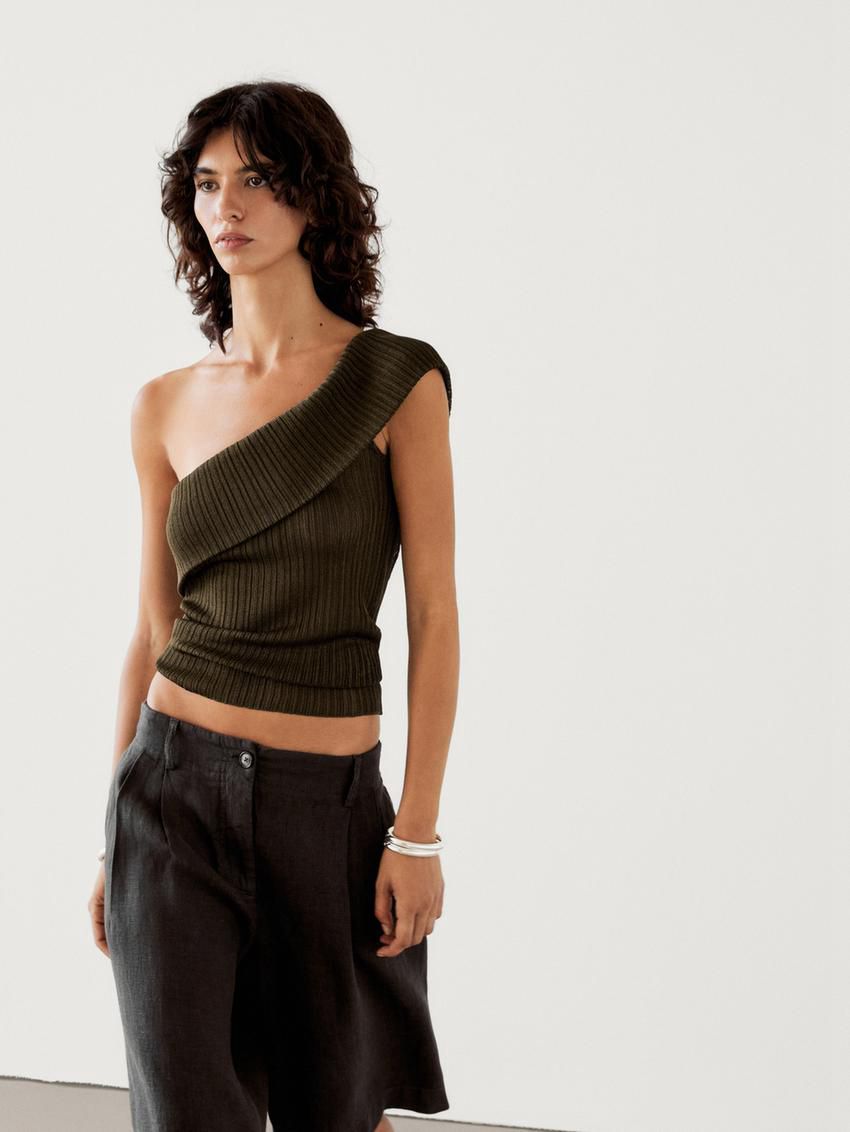 Massimo Dutti Semi-sheer Ribbed With An Asymmetric Neckline Women Top Olive | US-SG6782503
