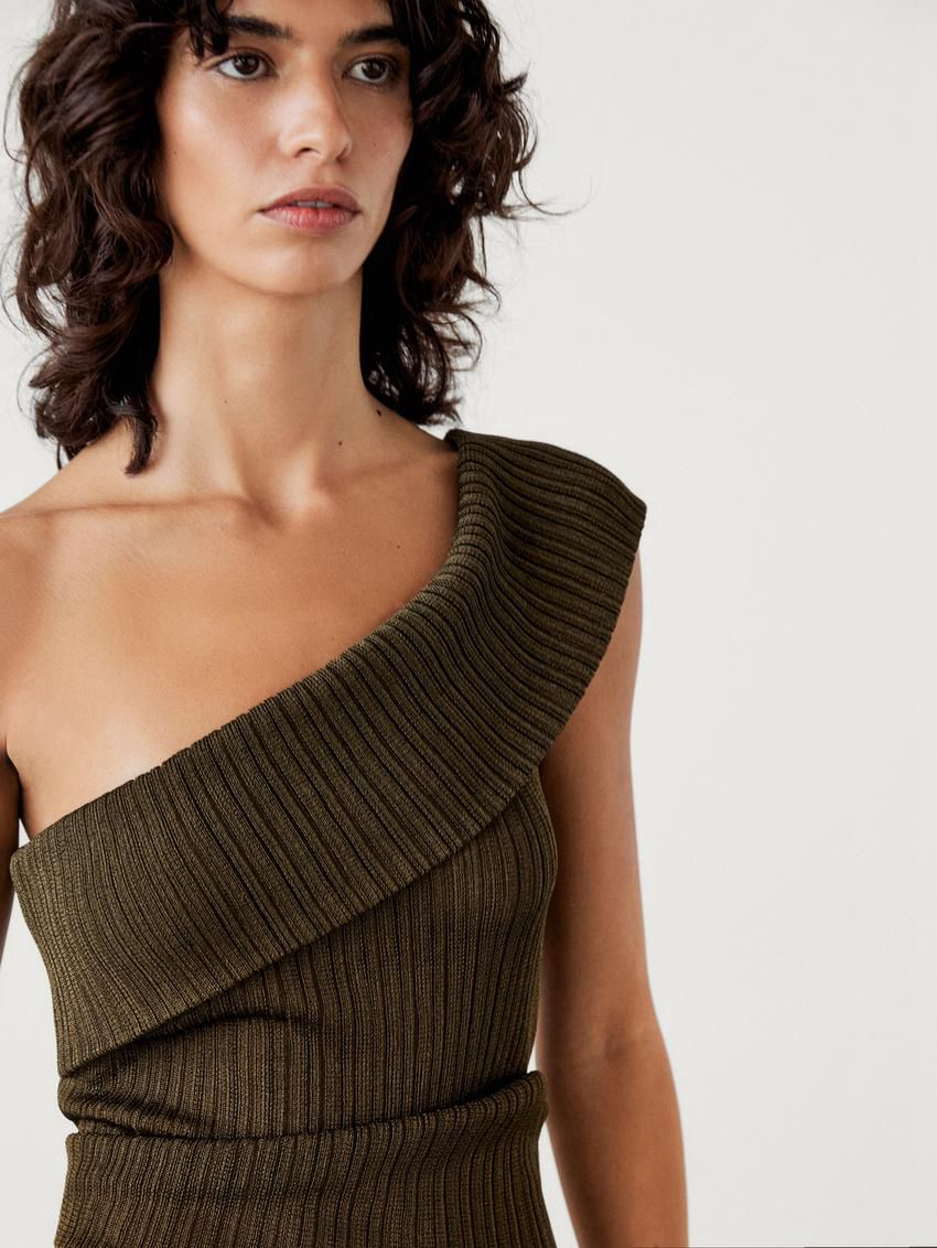 Massimo Dutti Semi-sheer Ribbed With An Asymmetric Neckline Women Top Olive | US-SG6782503