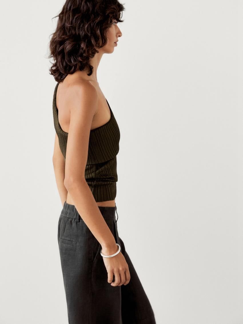 Massimo Dutti Semi-sheer Ribbed With An Asymmetric Neckline Women Top Olive | US-SG6782503