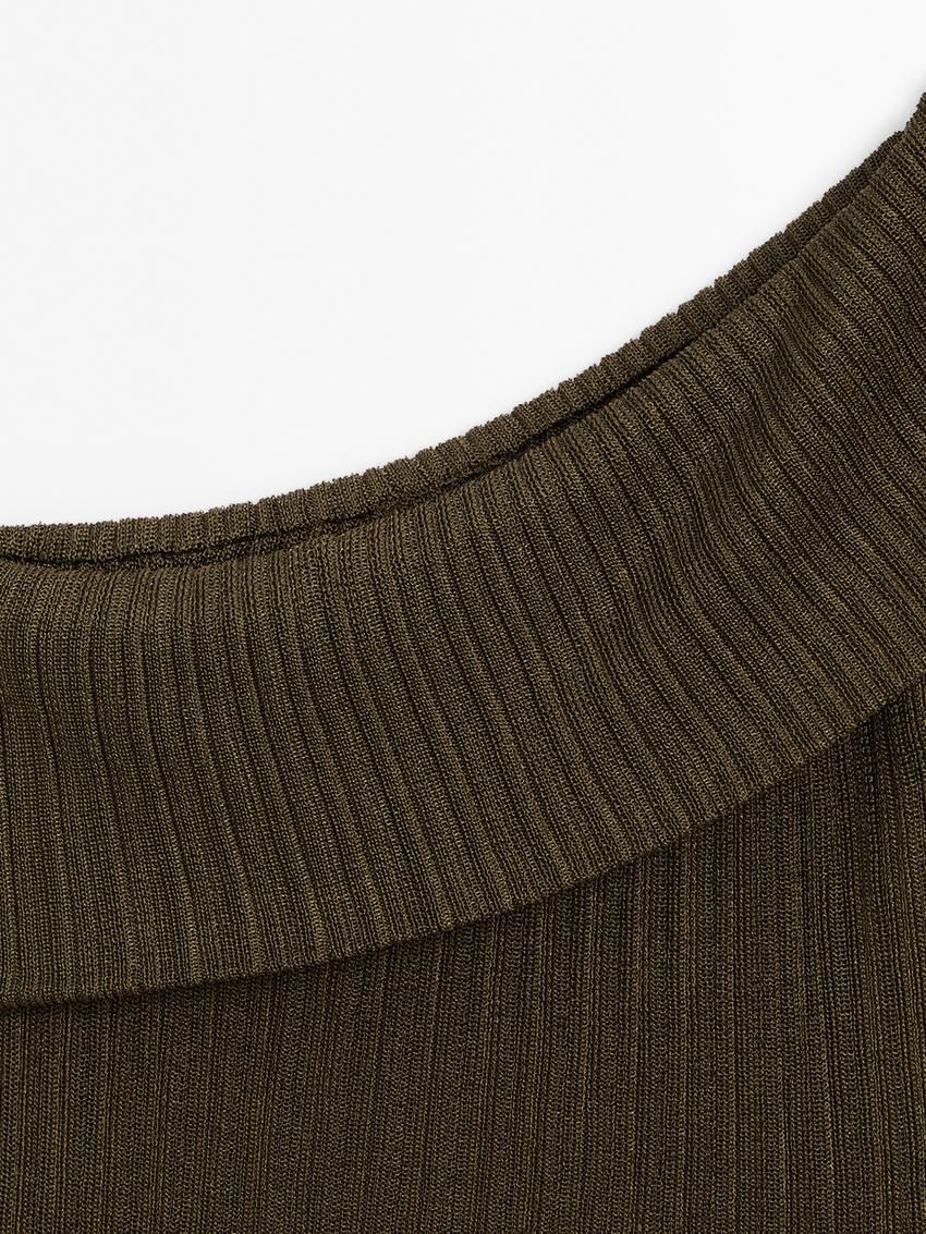 Massimo Dutti Semi-sheer Ribbed With An Asymmetric Neckline Women Top Olive | US-SG6782503