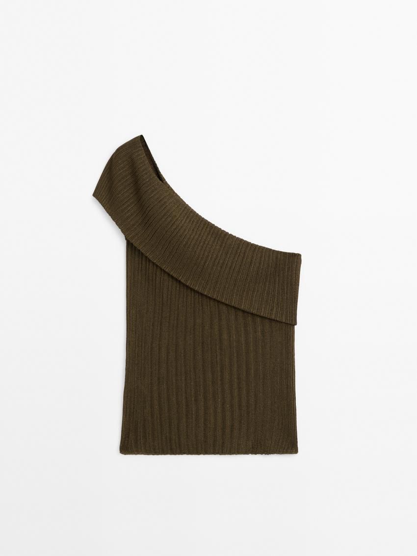 Massimo Dutti Semi-sheer Ribbed With An Asymmetric Neckline Women Top Olive | US-SG6782503