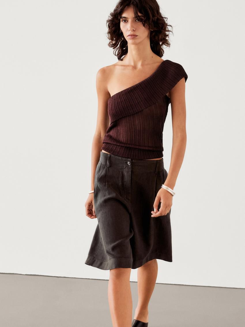 Massimo Dutti Semi-sheer Ribbed With An Asymmetric Neckline Women Top Dark Brown | US-TH6421095