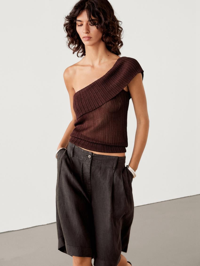 Massimo Dutti Semi-sheer Ribbed With An Asymmetric Neckline Women Top Dark Brown | US-TH6421095