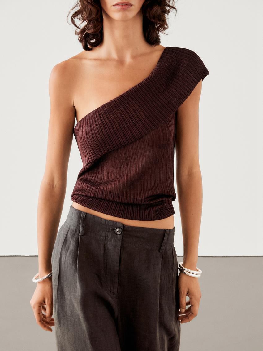 Massimo Dutti Semi-sheer Ribbed With An Asymmetric Neckline Women Top Dark Brown | US-TH6421095