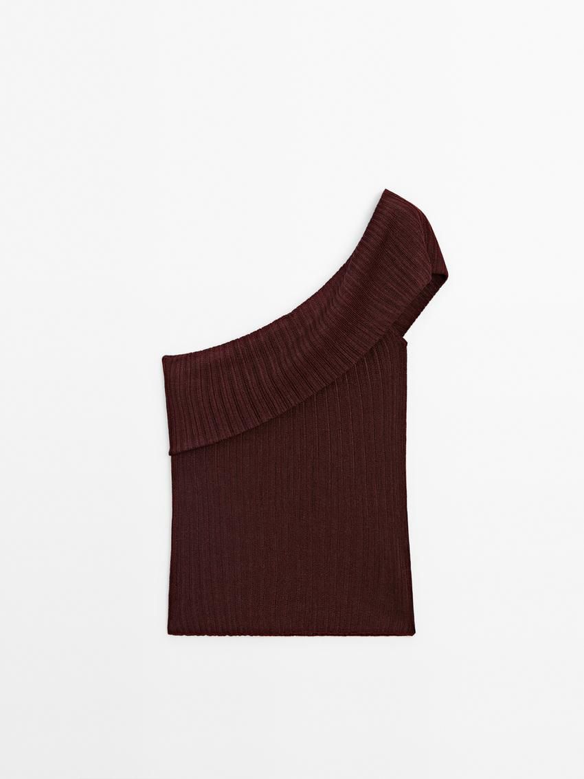 Massimo Dutti Semi-sheer Ribbed With An Asymmetric Neckline Women Top Dark Brown | US-TH6421095
