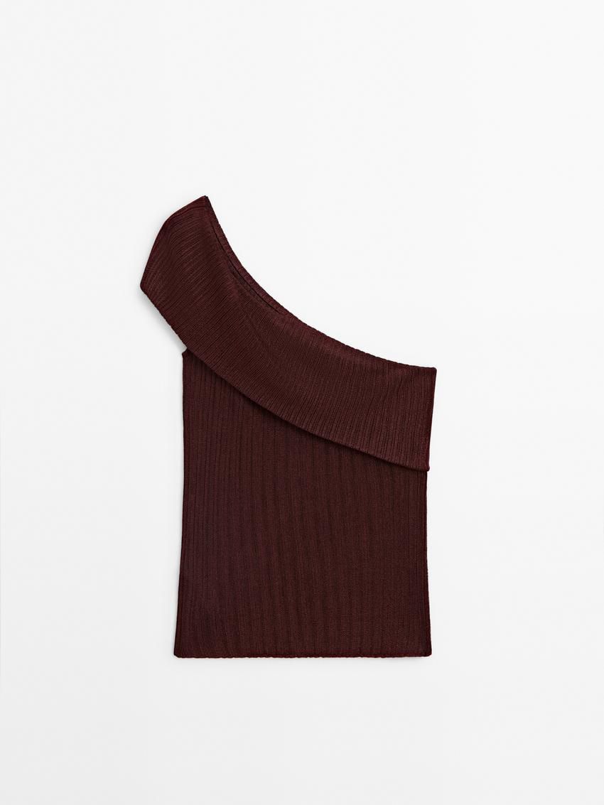 Massimo Dutti Semi-sheer Ribbed With An Asymmetric Neckline Women Top Dark Brown | US-TH6421095