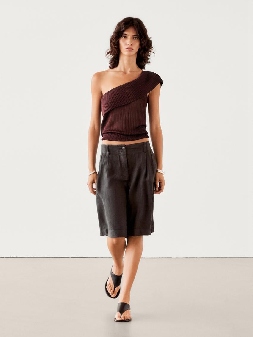 Massimo Dutti Semi-sheer Ribbed With An Asymmetric Neckline Women Top Dark Brown | US-TH6421095