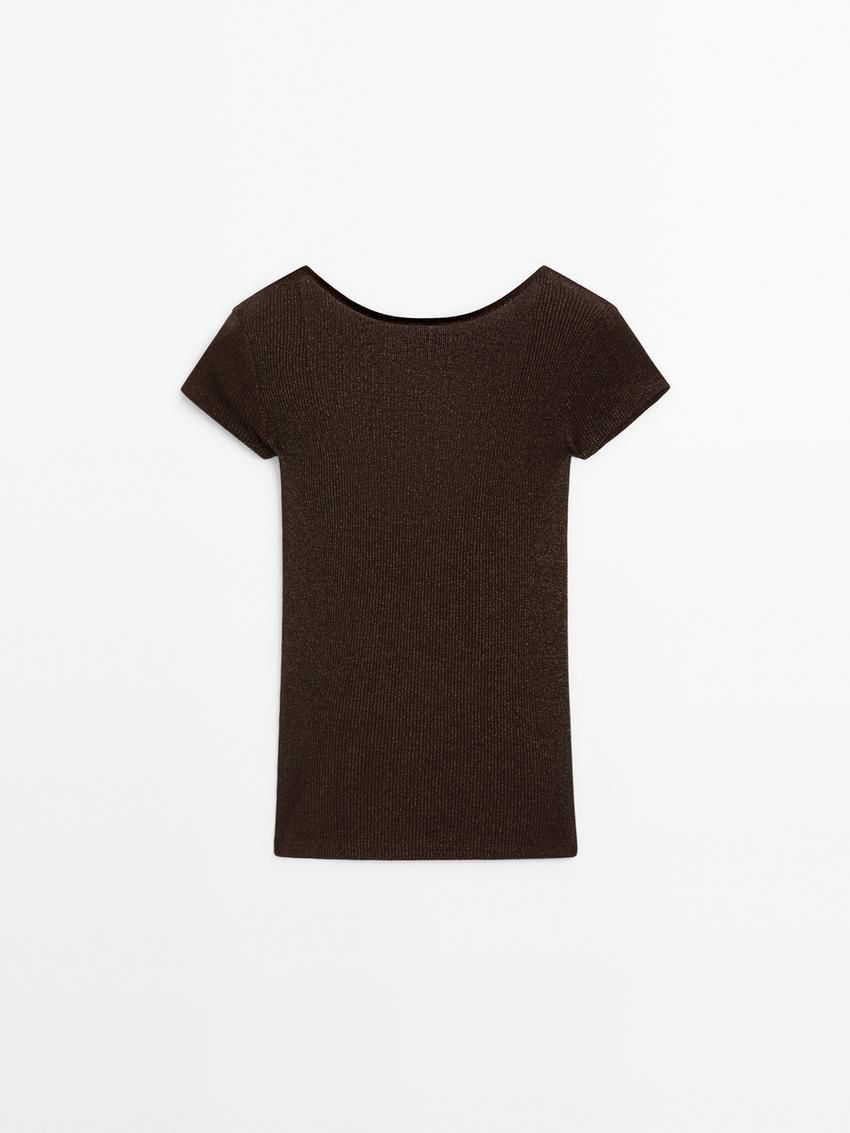 Massimo Dutti Semi-sheer Short Sleeve Women T-Shirt Dark Brown | US-RW0816259