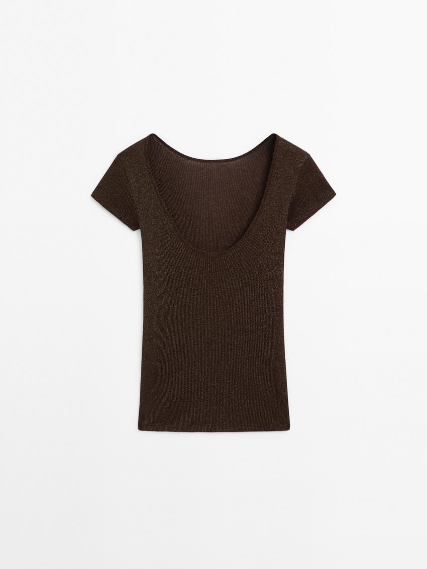 Massimo Dutti Semi-sheer Short Sleeve Women T-Shirt Dark Brown | US-RW0816259
