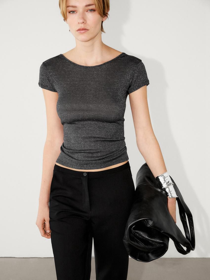 Massimo Dutti Semi-sheer Short Sleeve Women T-Shirt Dark Grey | US-SL6813974